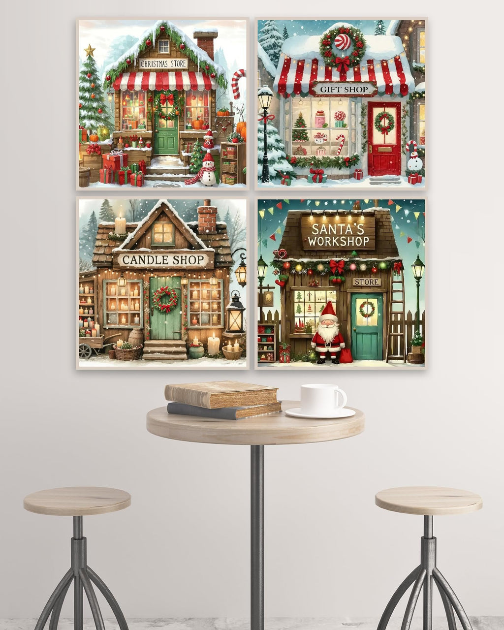 Four Christmas-themed shop illustrations: Christmas Store, Gift Shop, Candle Shop, and Santa's Workshop.