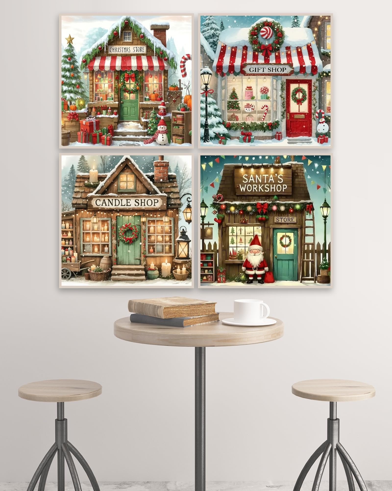 Four Christmas-themed shop illustrations: Christmas Store, Gift Shop, Candle Shop, and Santa's Workshop.