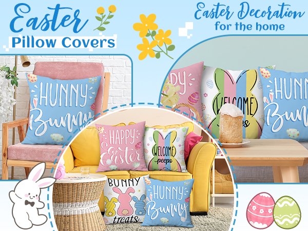 Four Easter-themed pillow covers displayed on a couch and chair, featuring bunny and egg designs with text like 'Happy Easter' and 'Hunny Bunny'.