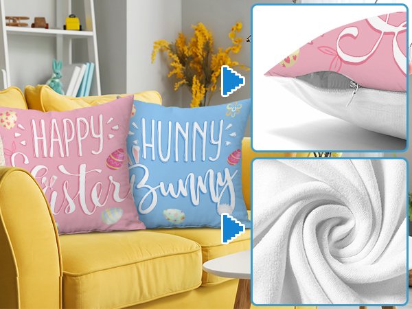 Two Easter-themed throw pillow covers on a yellow couch, one pink with 'Happy Easter' and one blue with 'Hunny Bunny'.
