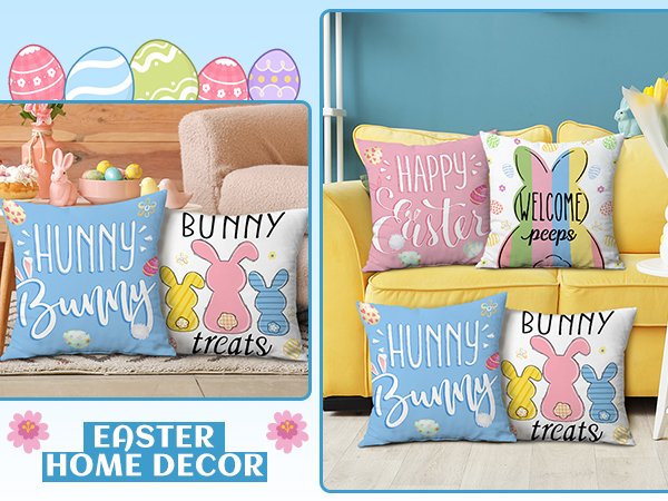 Four Easter-themed throw pillow covers with bunny and egg designs displayed on a couch and floor.
