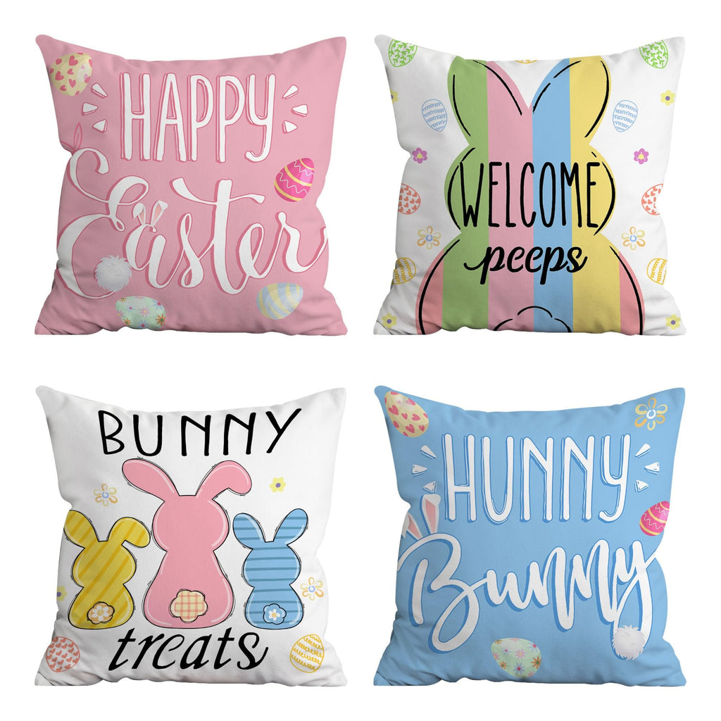 Four Easter-themed pillow covers arranged in a 2x2 grid, each featuring different bunny and Easter egg designs and text.