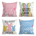 Four Easter-themed pillow covers arranged in a 2x2 grid, each featuring different bunny and Easter egg designs and text.