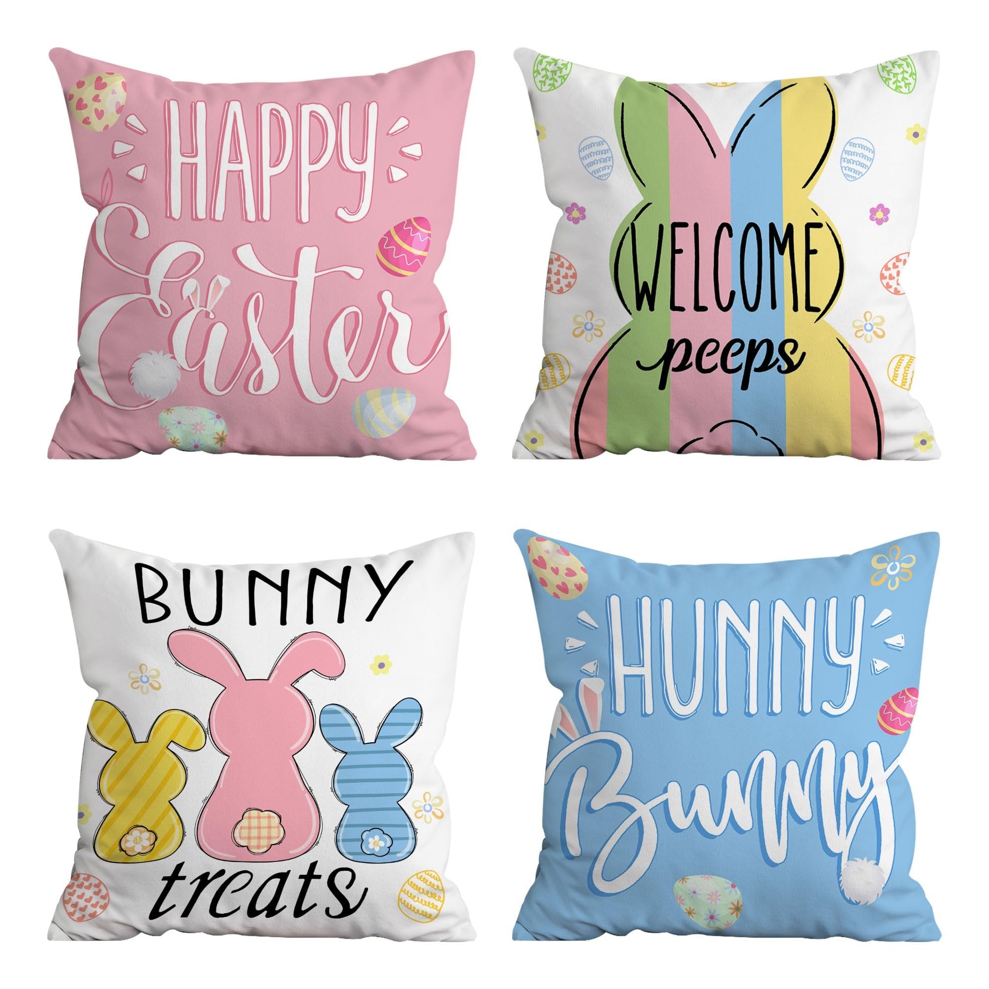 Four Easter-themed pillow covers arranged in a 2x2 grid, each featuring different bunny and Easter egg designs and text.