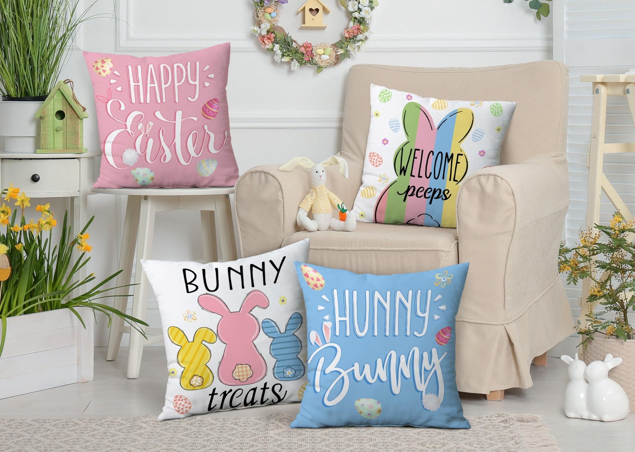 Four Easter-themed throw pillow covers arranged on and around a chair, featuring bunny and egg designs.