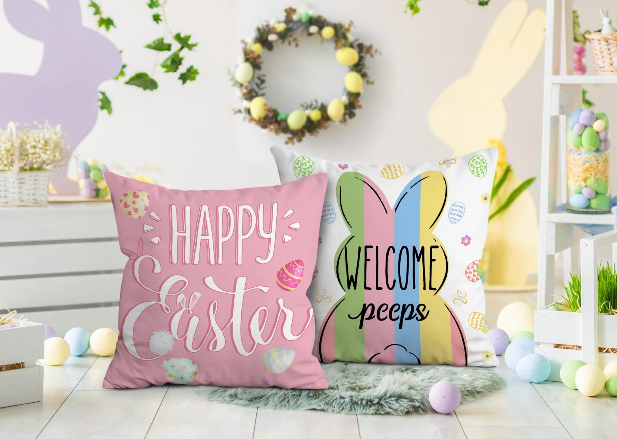 Two Easter-themed throw pillow covers displayed on a fluffy rug, one pink with 'Happy Easter' and the other white with a colorful bunny graphic saying 'Welcome peeps'.