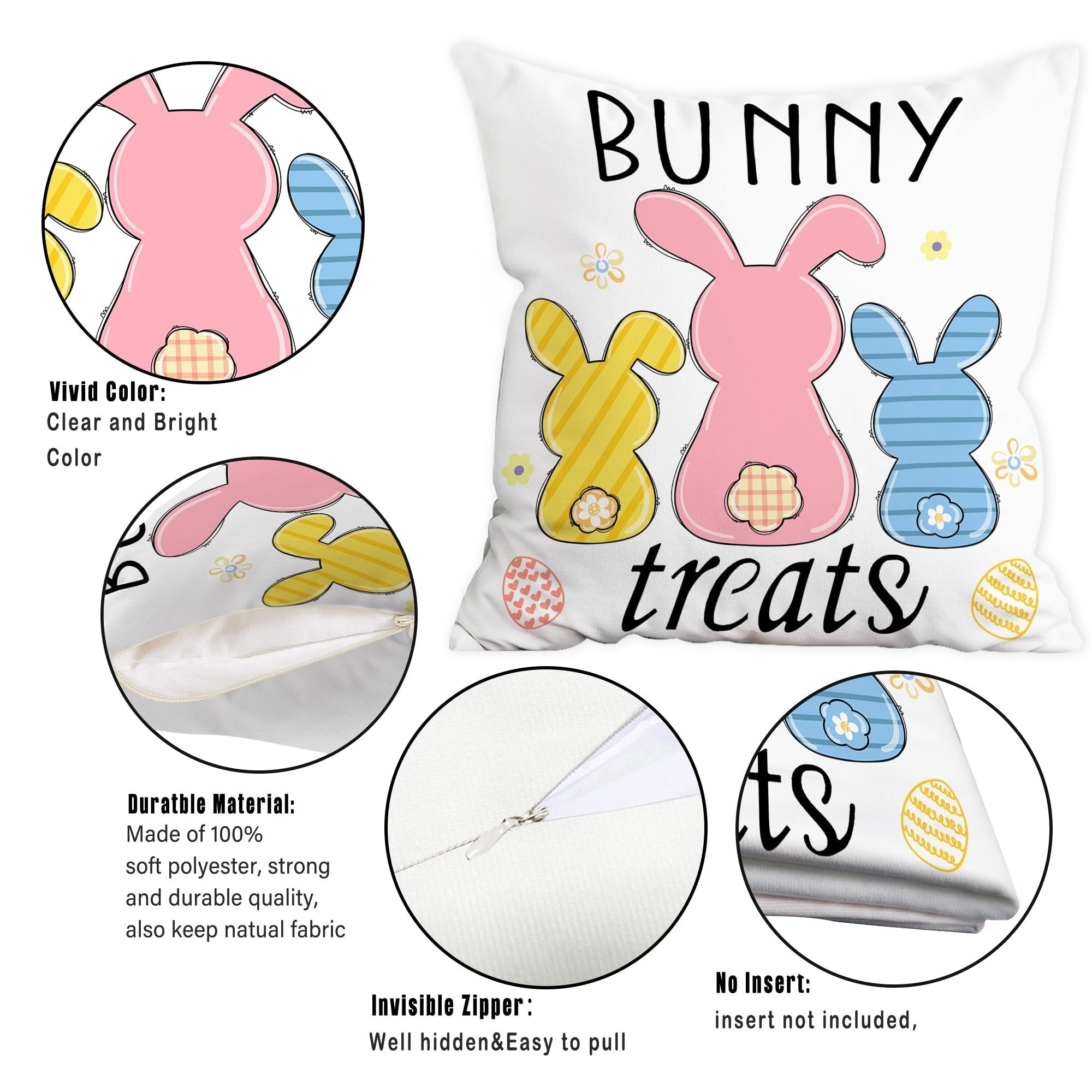 Easter pillow cover with three cartoon bunnies and the text BUNNY treats. Close-ups show zipper and material details.