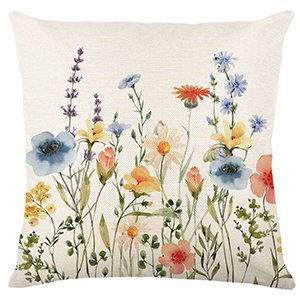 Square pillow cover with a watercolor floral and butterfly print on a cream background.