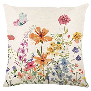 Square faux linen pillow cover with a watercolor floral and butterfly design, front view.