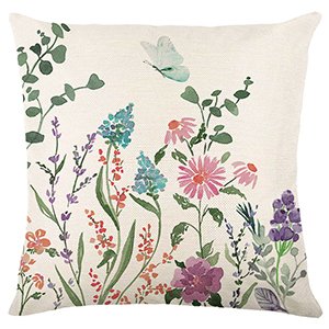 Square pillow cover with a watercolor floral and butterfly design, faux linen texture.
