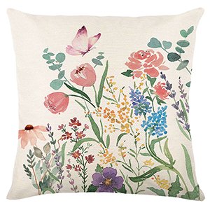 Square pillow cover with a watercolor floral and butterfly design on a cream background, front view.
