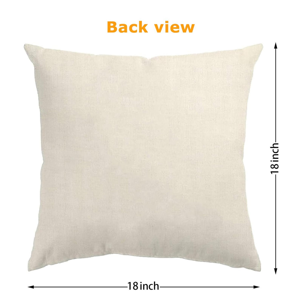 Back view of an 18x18 inch plain cream pillow cover on a white background, showing dimensions.