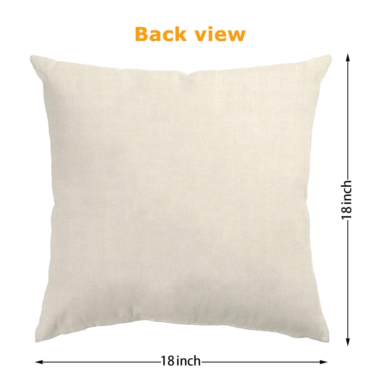 Back view of an 18x18 inch plain cream pillow cover on a white background, showing dimensions.