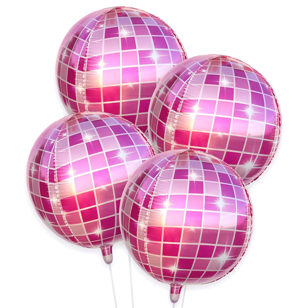 Four pink 4D disco ball balloons clustered together on white background, showing reflective square pattern and sparkle details.