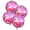 Four pink 4D disco ball balloons clustered together on white background, showing reflective square pattern and sparkle details.