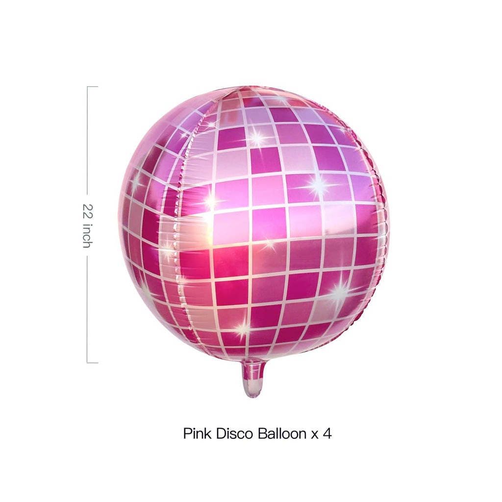 22-inch pink 4D disco ball balloon with grid pattern, shown on white background with size indicator.