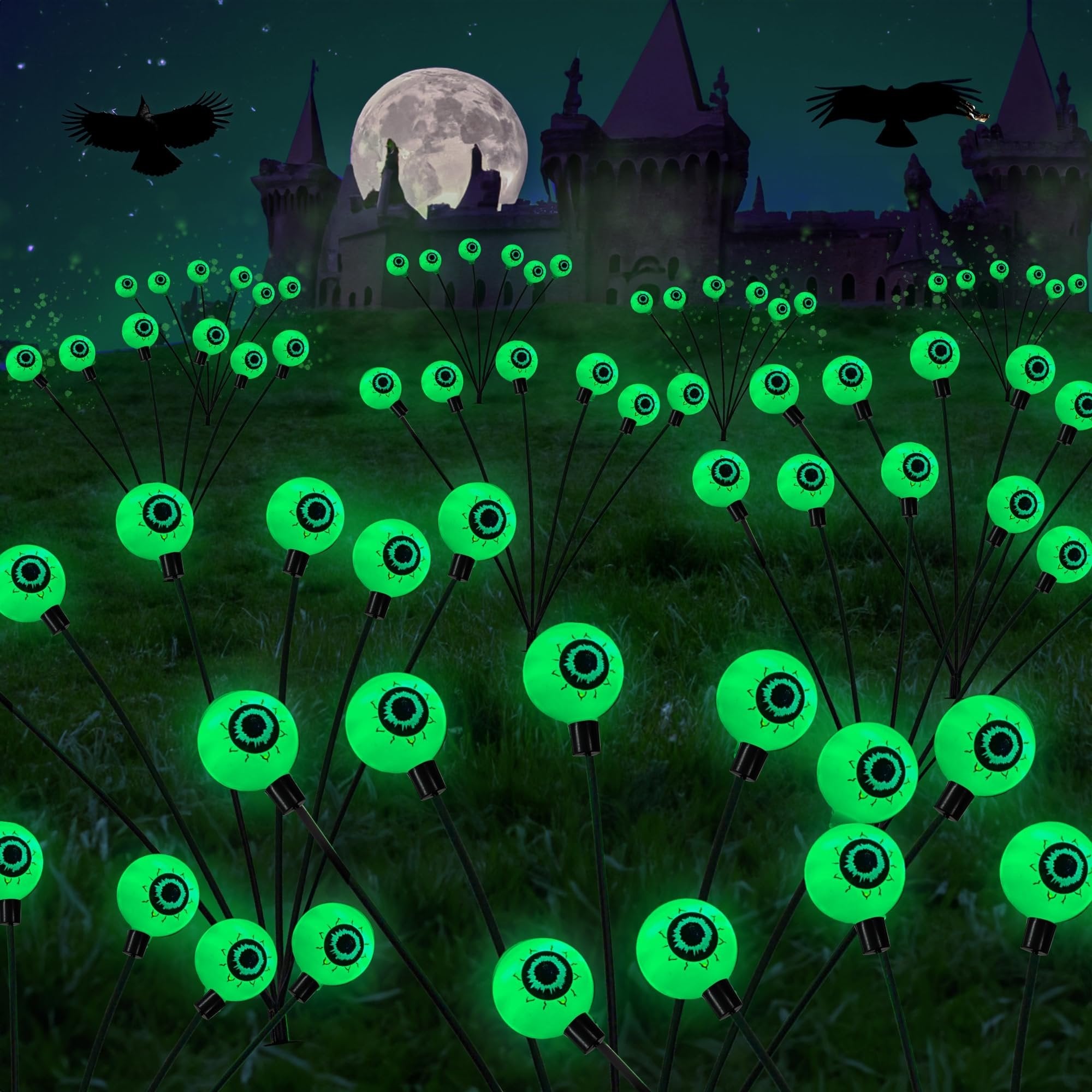 Green glowing eyeball pathway lights in a field with a spooky castle and moon in the background