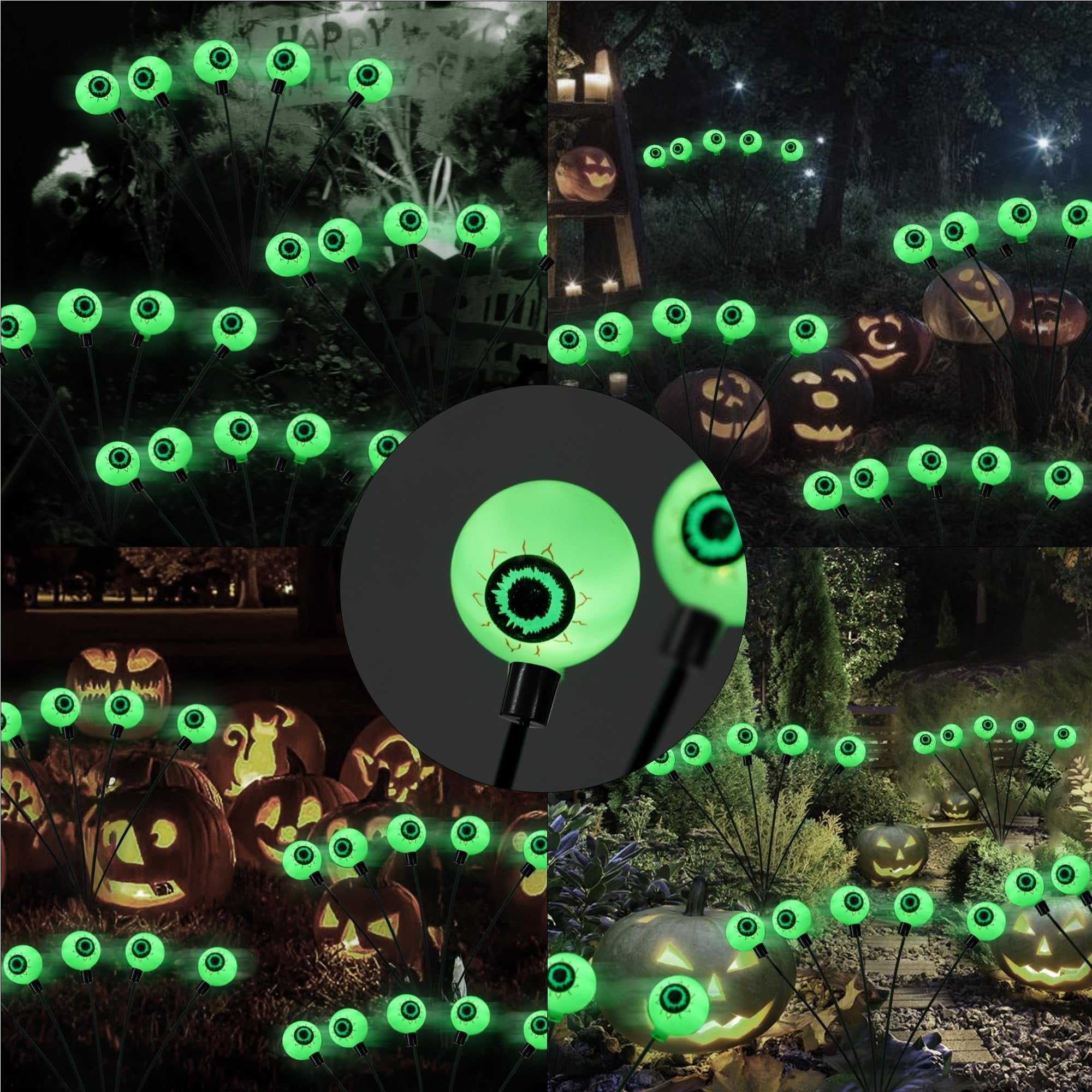Four collages of glowing green eyeball pathway lights arranged in yards with carved pumpkins for Halloween.