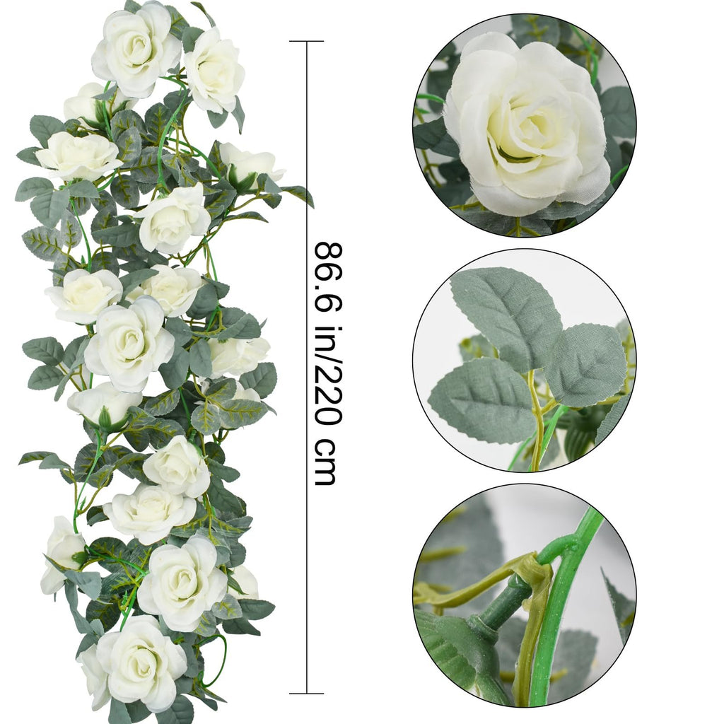 Artificial white rose garland with green leaves, showing close-ups of flowers and stem attachment.