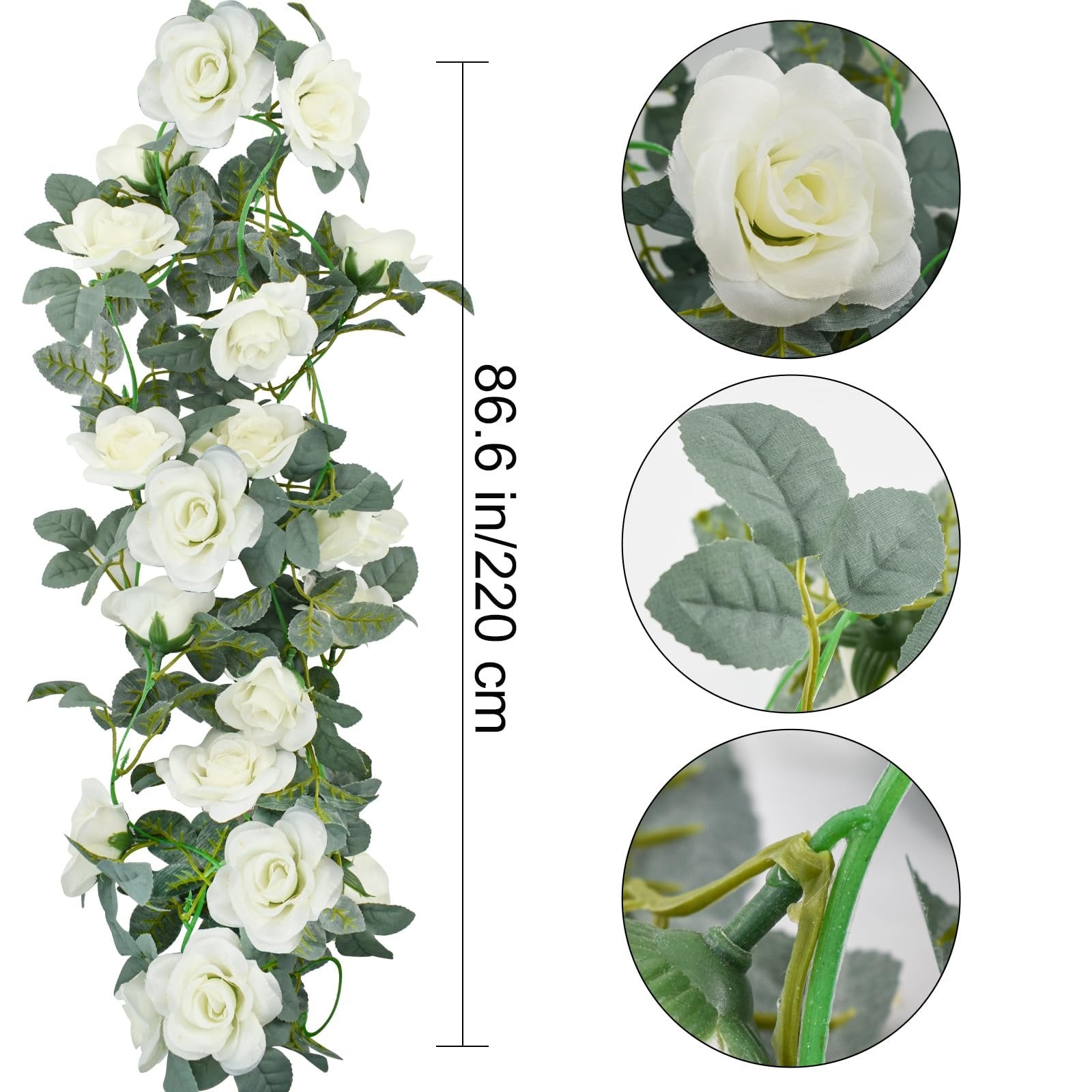Artificial white rose garland with green leaves, showing close-ups of flowers and stem attachment.