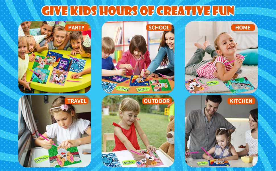 Collage of children and families doing diamond art kits in various settings: party, school, home, travel, outdoor, and kitchen.