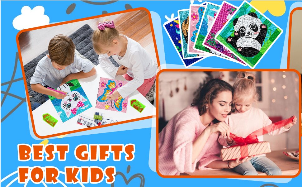 Children doing diamond art kits and a mother and daughter opening a gift box.