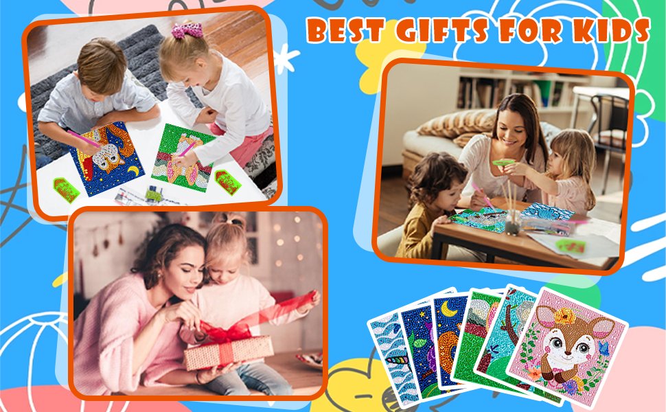 Collage of diamond art kits for kids: children doing crafts, family activity, and finished diamond art pictures including a deer and an owl.