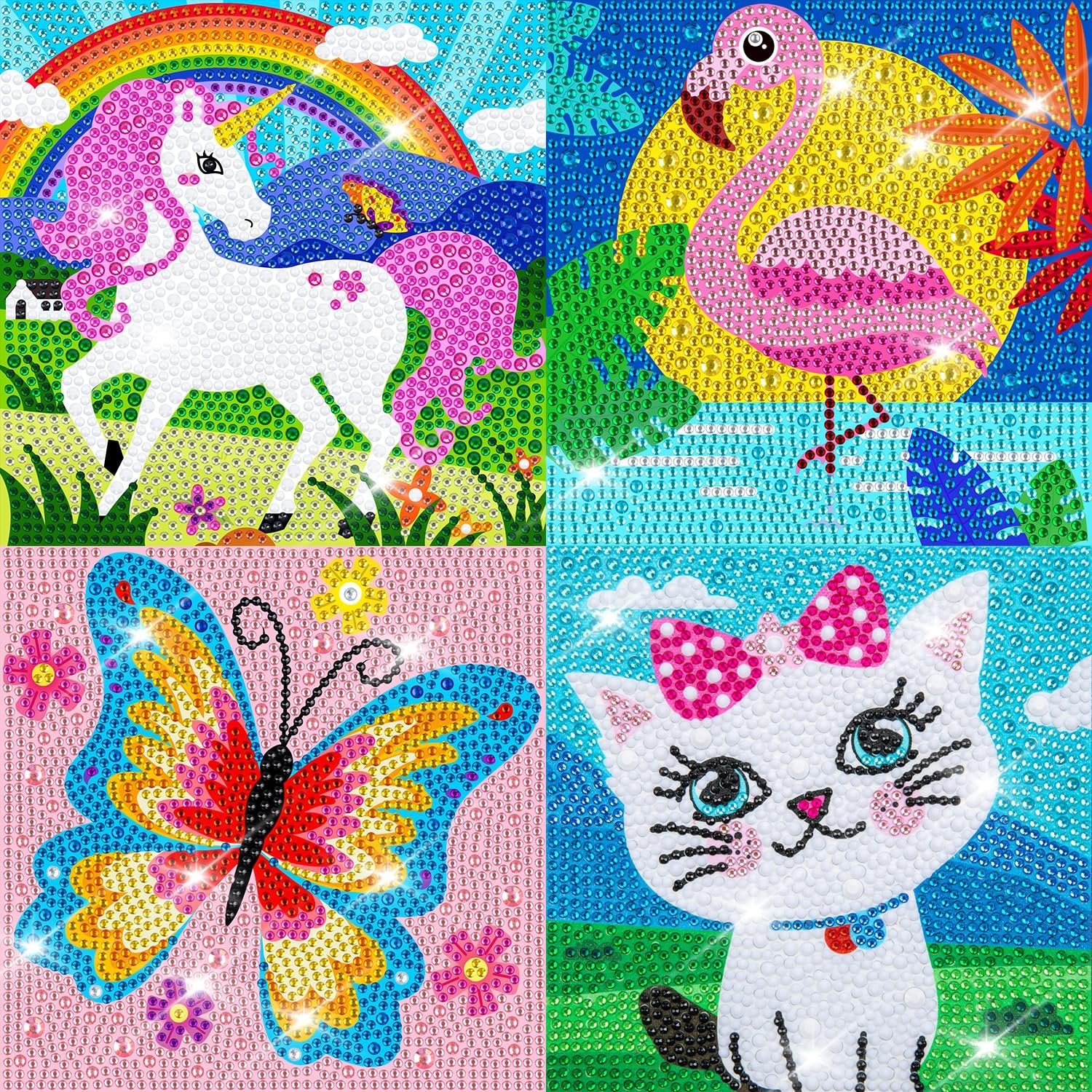 Four diamond art kits for kids: unicorn with rainbow, flamingo by sun, butterfly, and a cat with a bow.