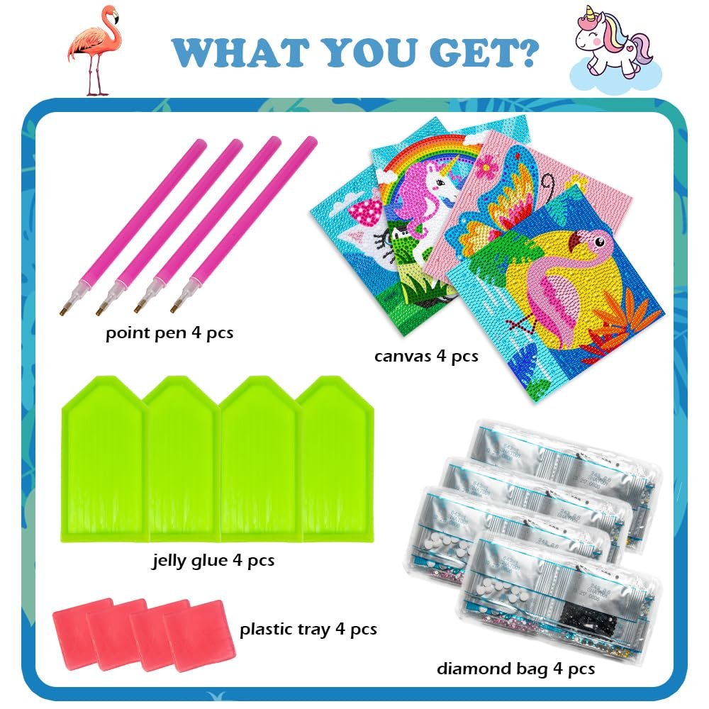 Contents of a 5D diamond art kit for kids, showing point pens, canvases, jelly glue, plastic trays, and diamond bags.