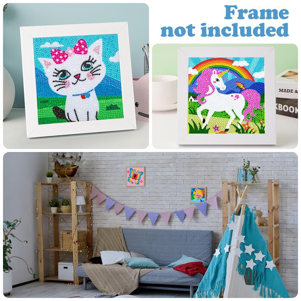 Diamond art kits for kids featuring a cat and a unicorn, displayed in a room setting.