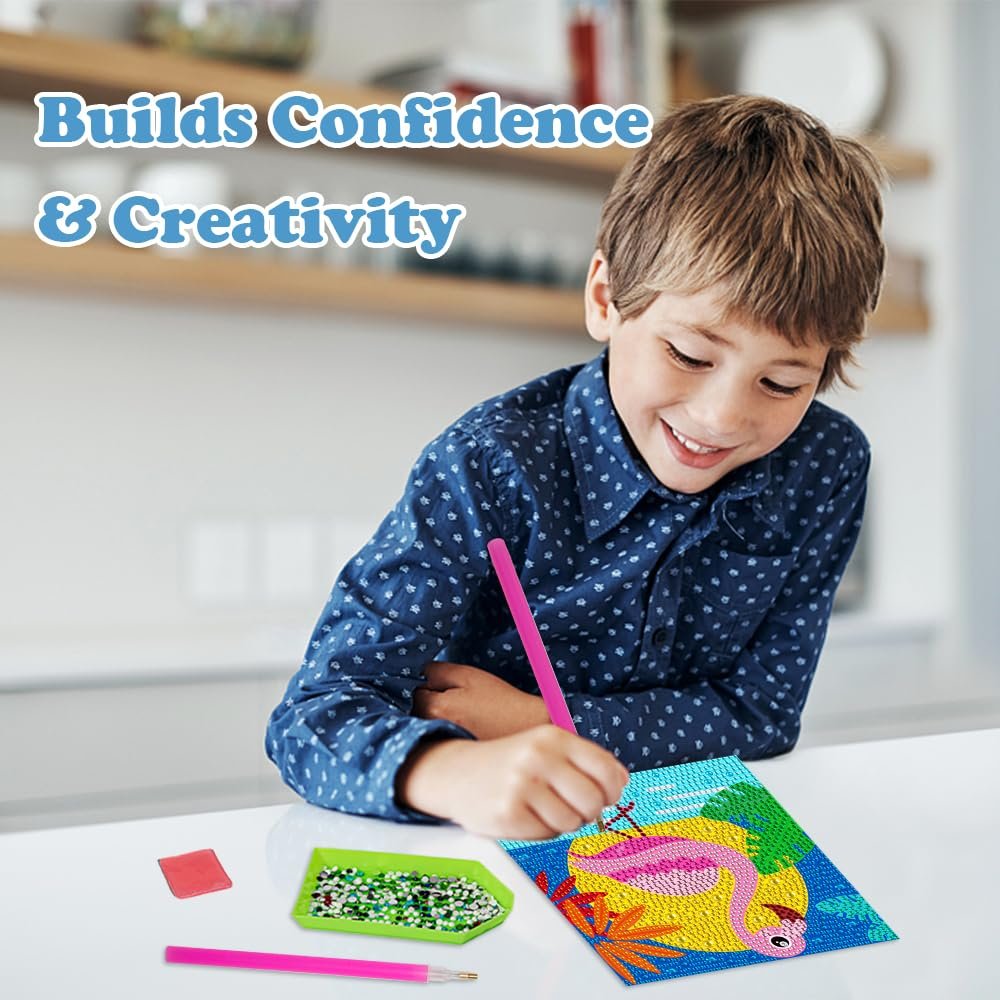 Smiling boy doing diamond art kit with flamingo design, pink tool, and gem tray