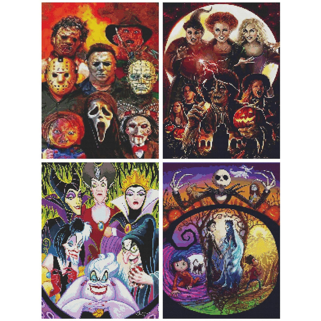 Four diamond painting kits featuring horror movie characters, Disney villains, and characters from The Nightmare Before Christmas.