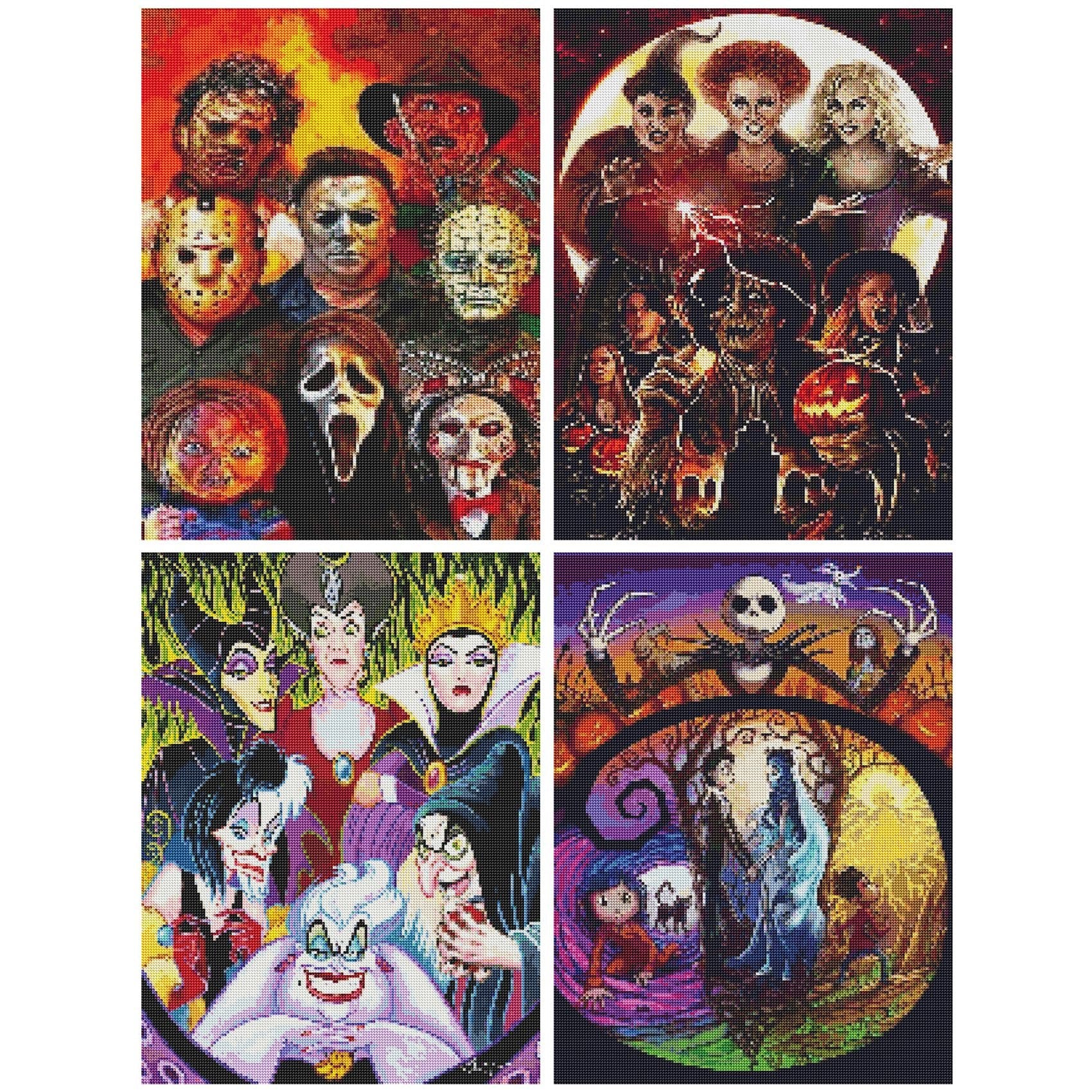 Four diamond painting kits featuring horror movie characters, Disney villains, and characters from The Nightmare Before Christmas.