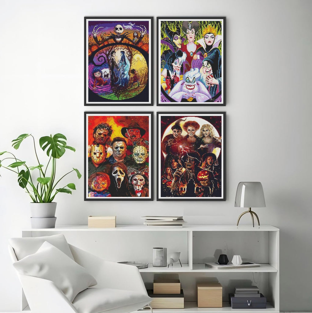 Four framed diamond art paintings of horror and cartoon characters displayed on a white shelf.
