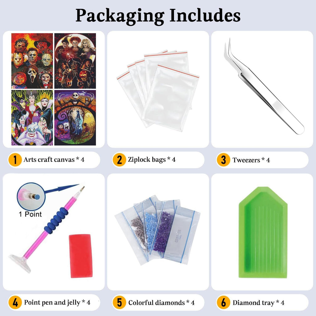 Diamond painting kit contents laid out in a grid, showing canvases, bags, tweezers, pen, diamonds, and tray.