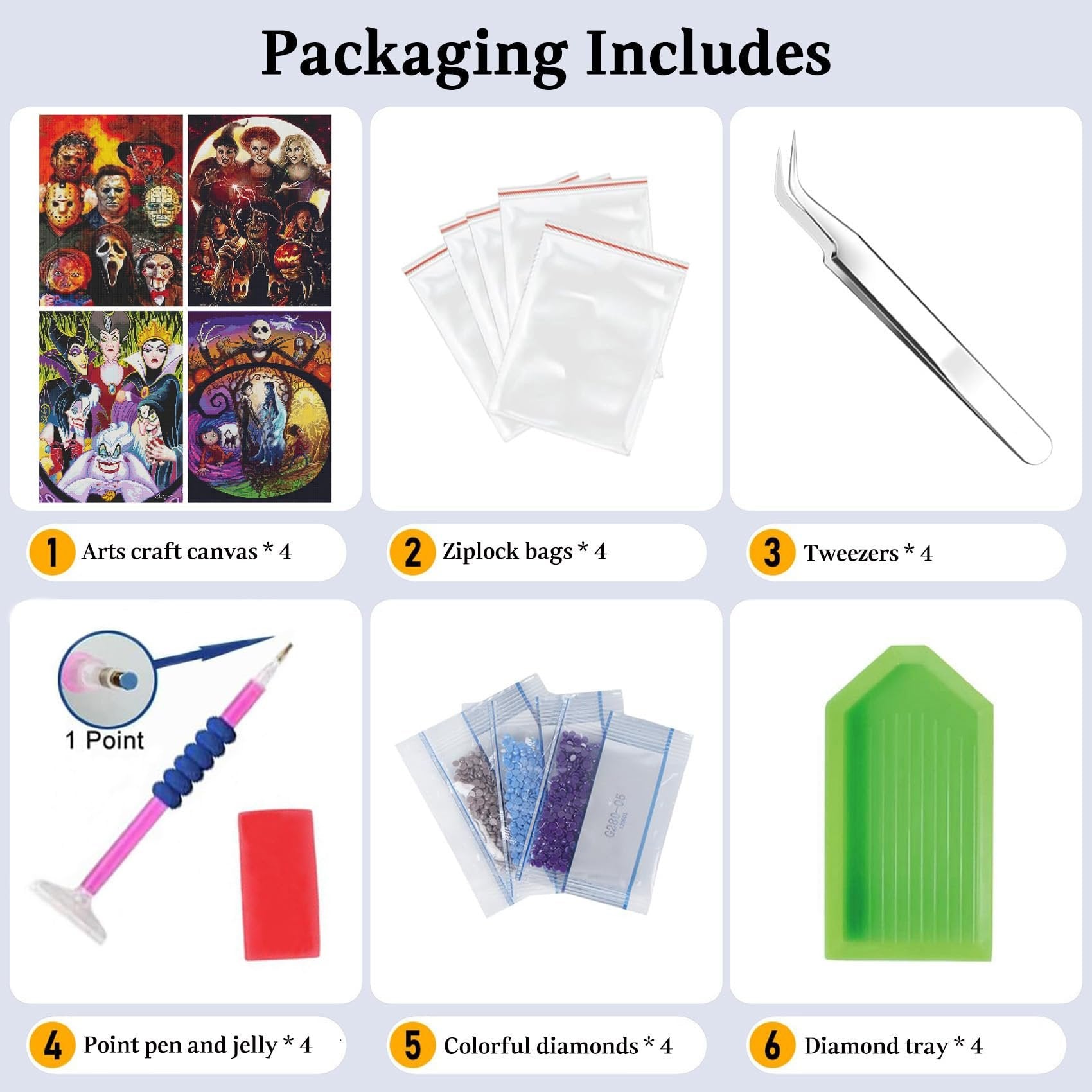 Diamond painting kit contents laid out in a grid, showing canvases, bags, tweezers, pen, diamonds, and tray.