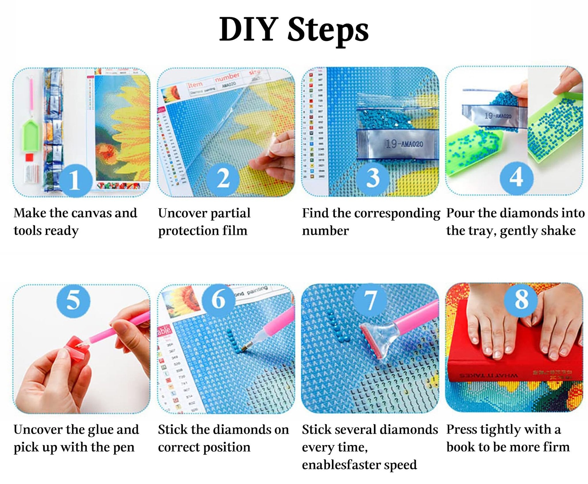 Diamond painting DIY steps illustrated in 8 panels, showing tool preparation, canvas uncovering, diamond sorting, pouring, picking, placing, and pressing.