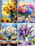 Four diamond painting kits featuring floral arrangements: sunflowers, hydrangeas, daisies, and lilacs, displayed in vases by windows.