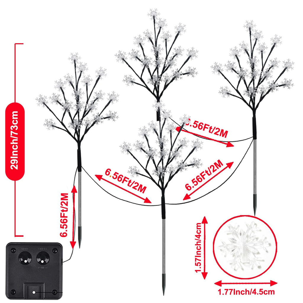 Four snowflake stake lights with solar panel, showing dimensions and spacing