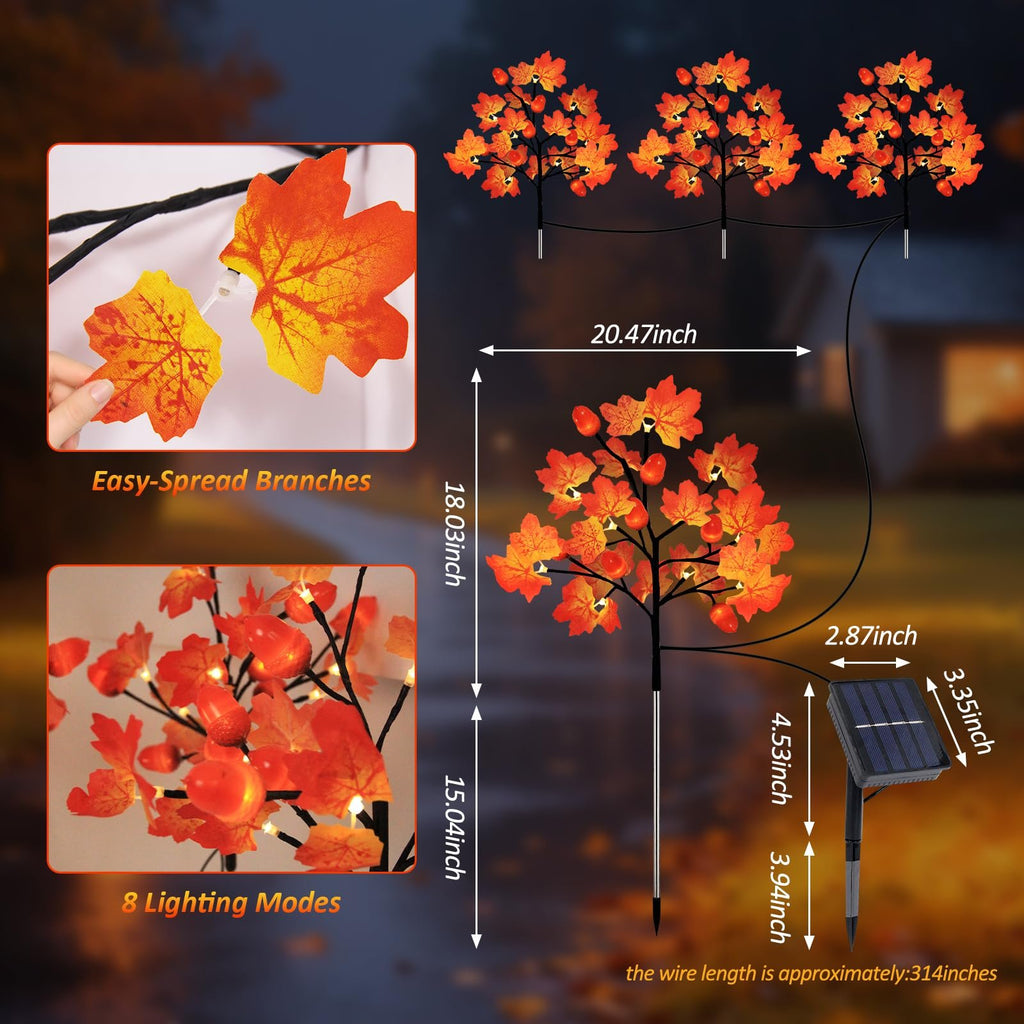 Solar powered maple leaf and acorn yard stake lights with dimensions and lighting modes shown.