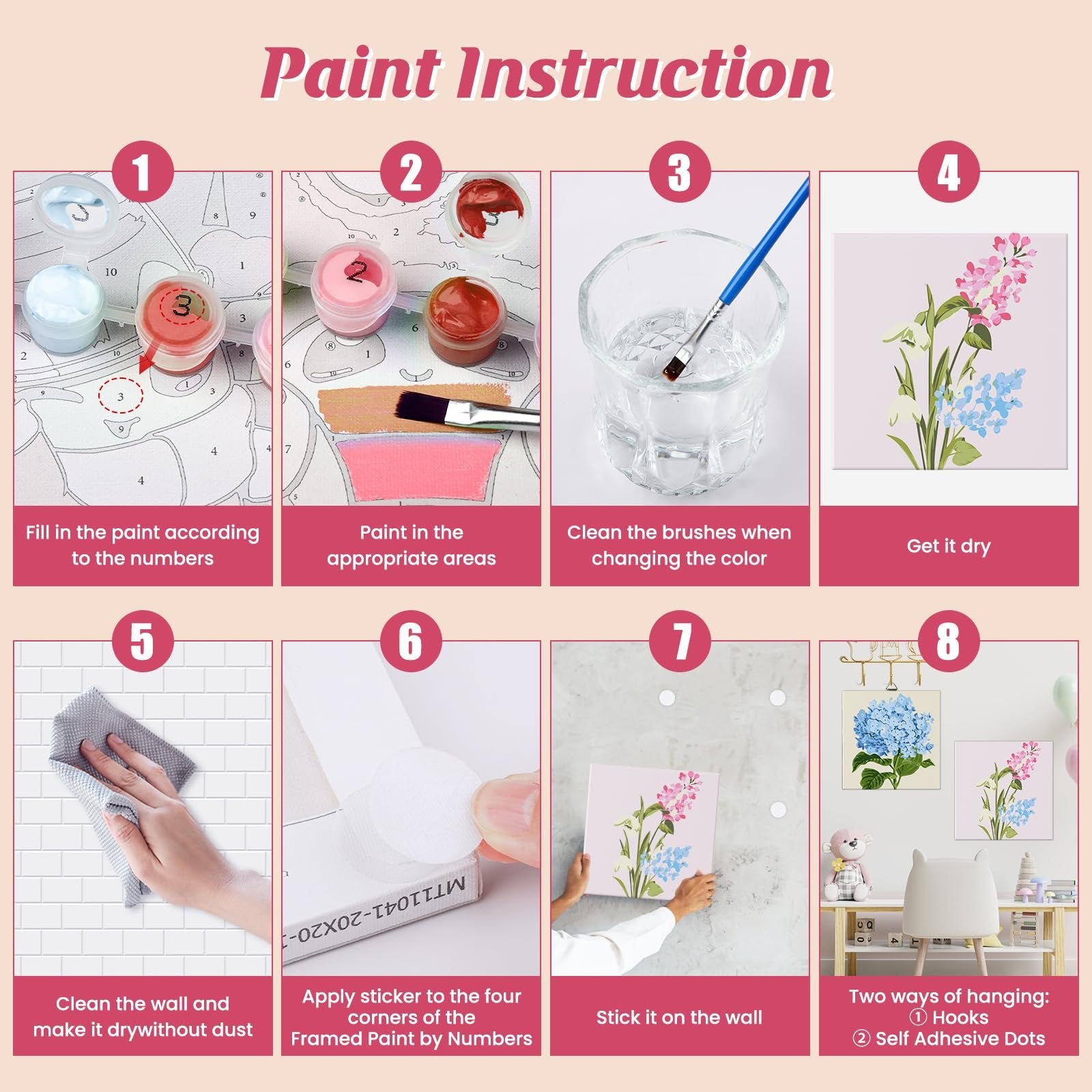Paint by number instructions showing 8 steps from filling paint to hanging the finished artwork.