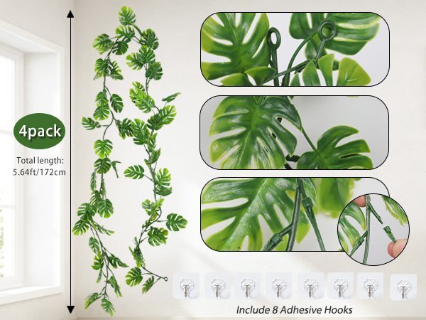 Four artificial monstera vines hanging on a wall, with close-up views of leaves and a demonstration of connecting vines. Includes adhesive hooks.