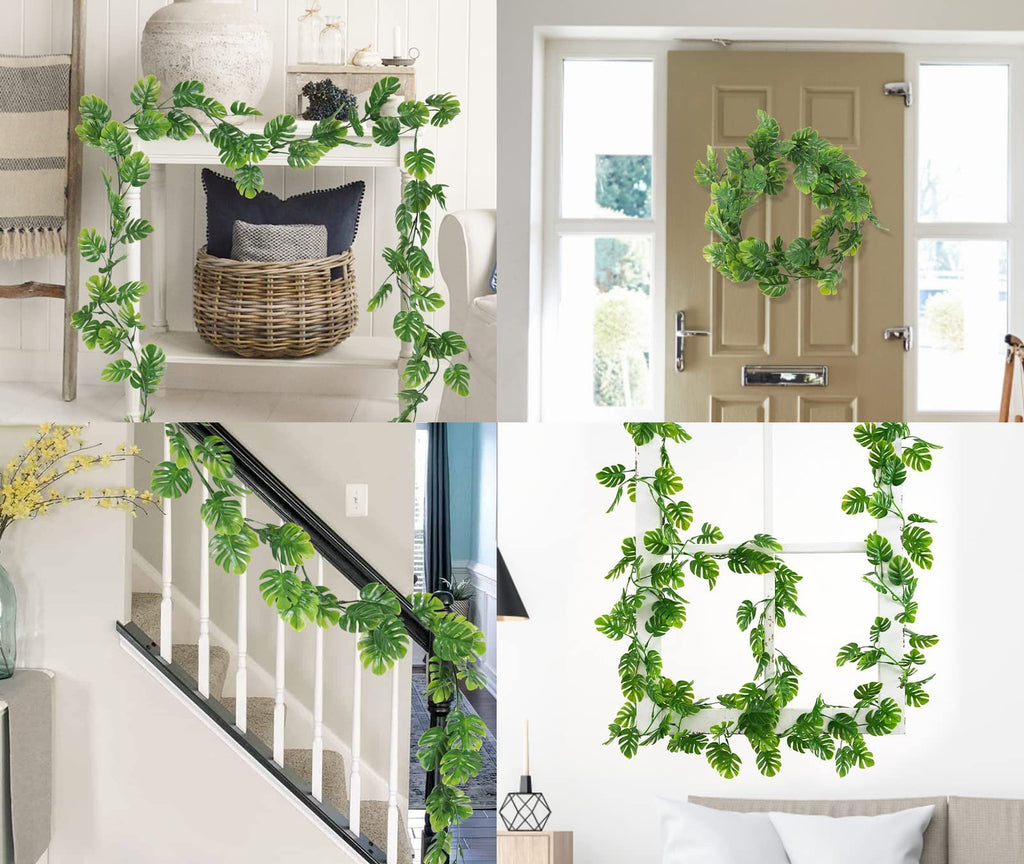 Collage of artificial monstera vines used for decoration: draped on a shelf, as a wreath on a door, along a staircase, and around a window frame.
