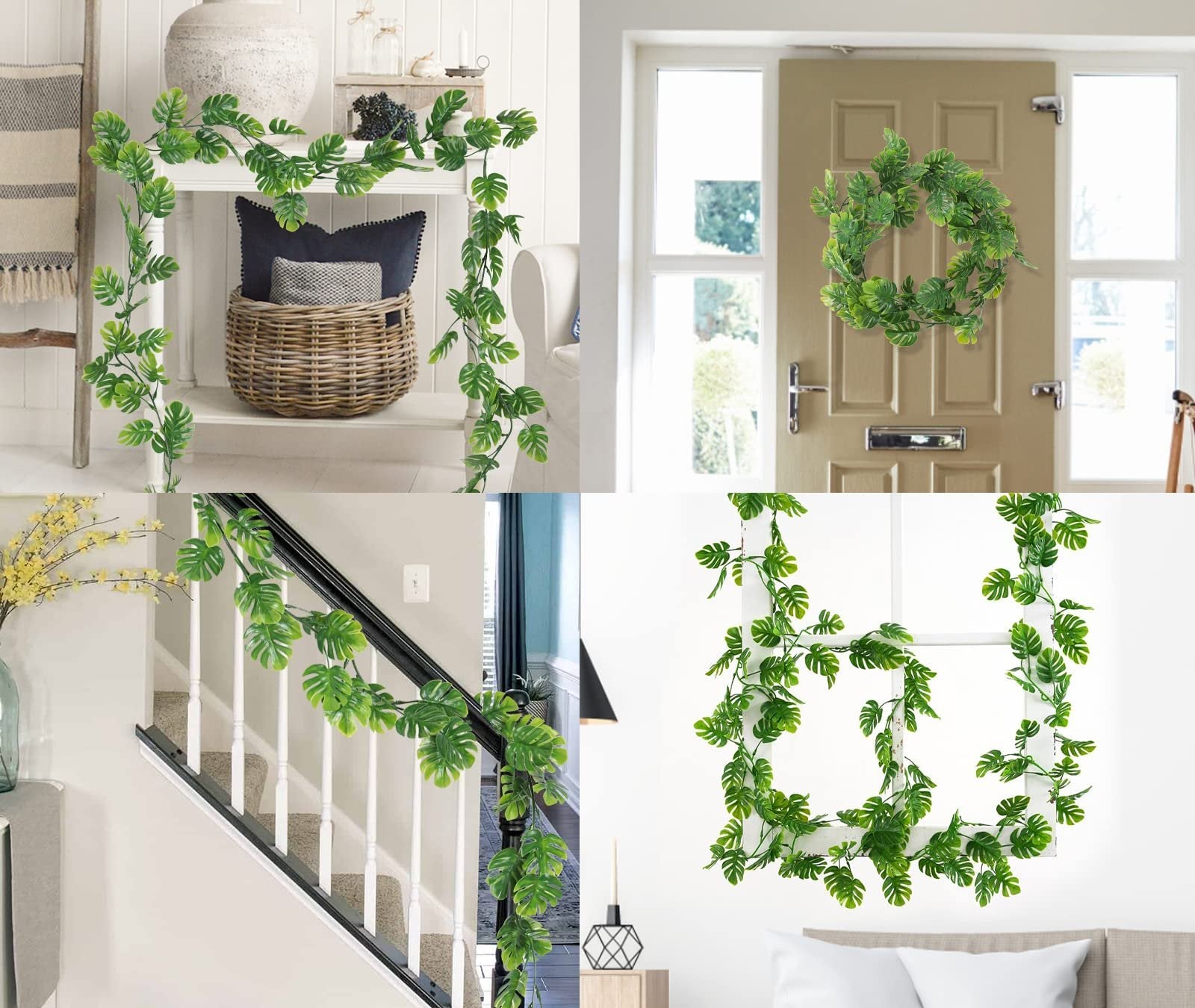 Collage of artificial monstera vines used for decoration: draped on a shelf, as a wreath on a door, along a staircase, and around a window frame.