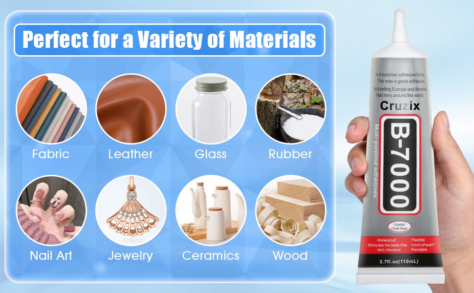 Clear adhesive glue tube held by hand, with examples of materials it can adhere to like fabric, leather, glass, rubber, nail art, jewelry, ceramics, and wood.