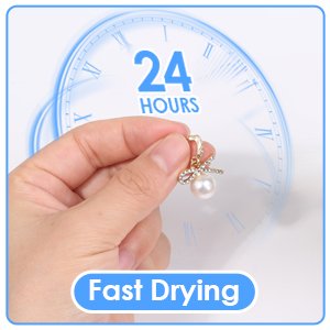 Hand holding a small decorative earring with a pearl and bow, with a clock face and '24 HOURS' overlay indicating fast drying time.