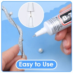 Clear adhesive glue tube with precision tip applying a drop to a sparkly headband, with inset showing tip detail.