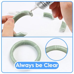 Hands repairing a jade bracelet with clear adhesive glue from a precision tip tube