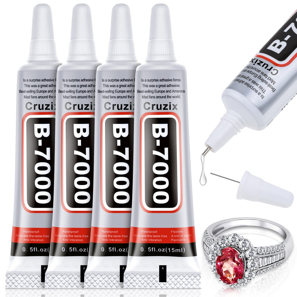 Four tubes of B-7000 clear adhesive glue with a precision tip, shown with a drop of glue and a ring with a red stone and diamonds.