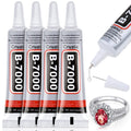 Four tubes of B-7000 clear adhesive glue with a precision tip, shown with a drop of glue and a ring with a red stone and diamonds.